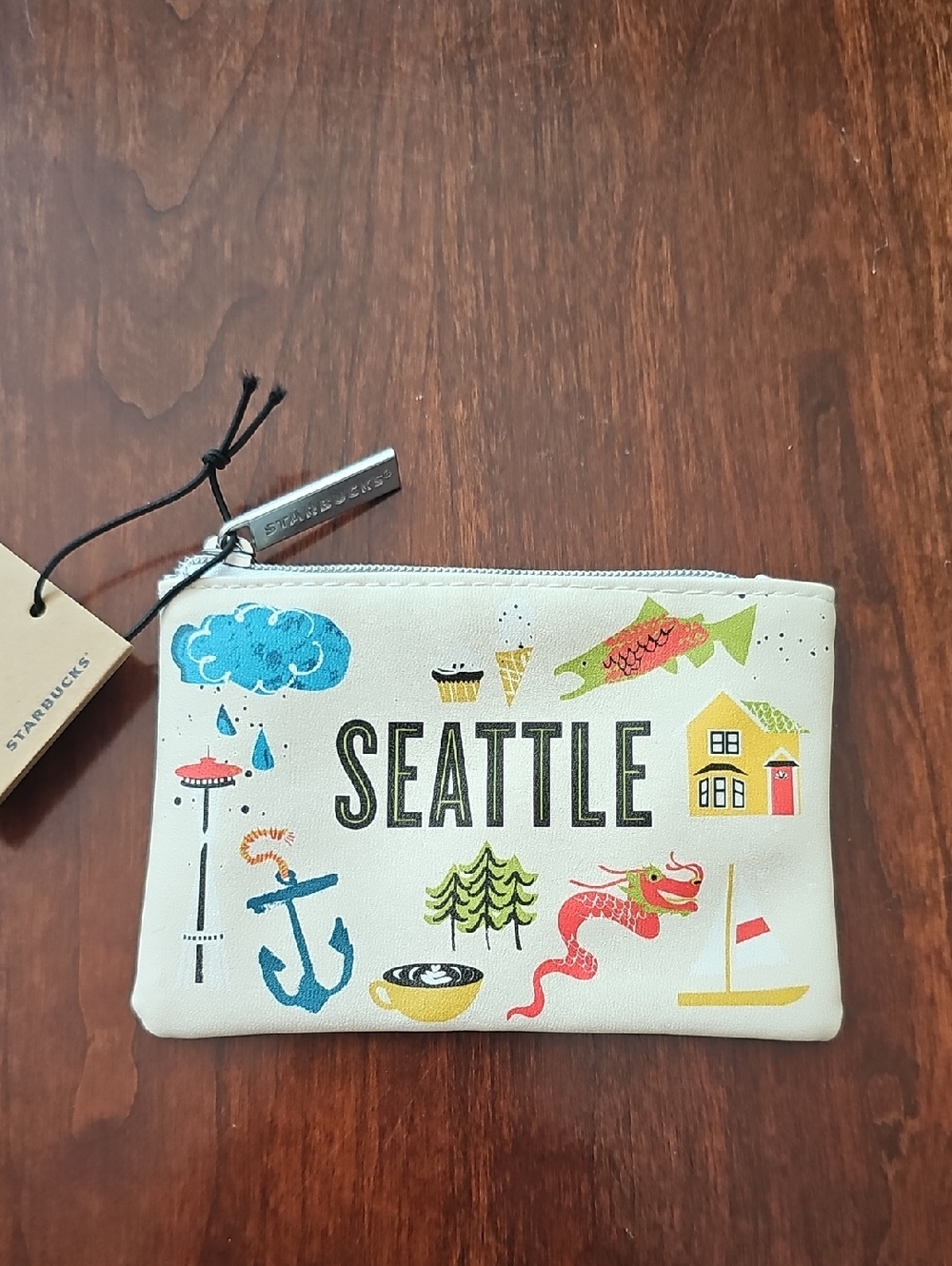 Starbucks Cream Seattle Icon Zip Pouch with Blue, Green, Yellow, Red Accents